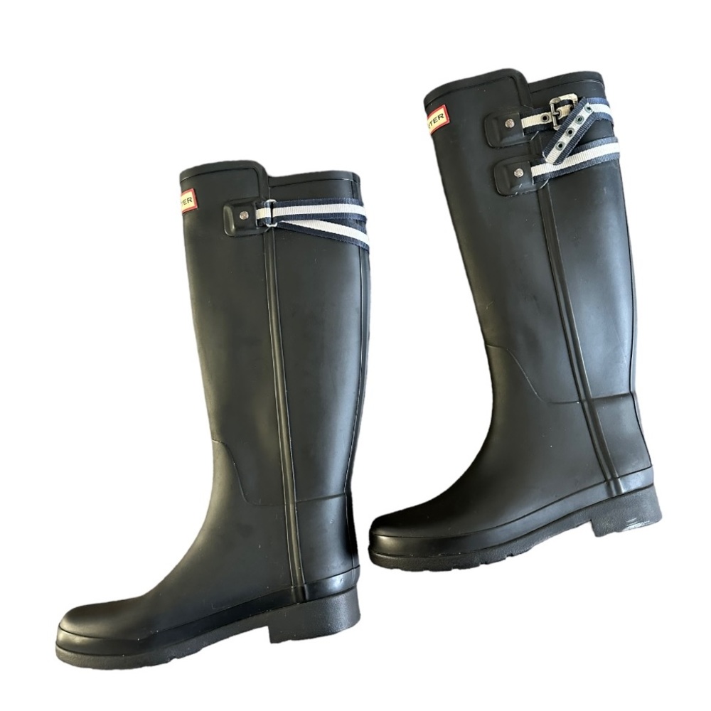 Hunter Black Tall Rain Boots with Navy & White Straps